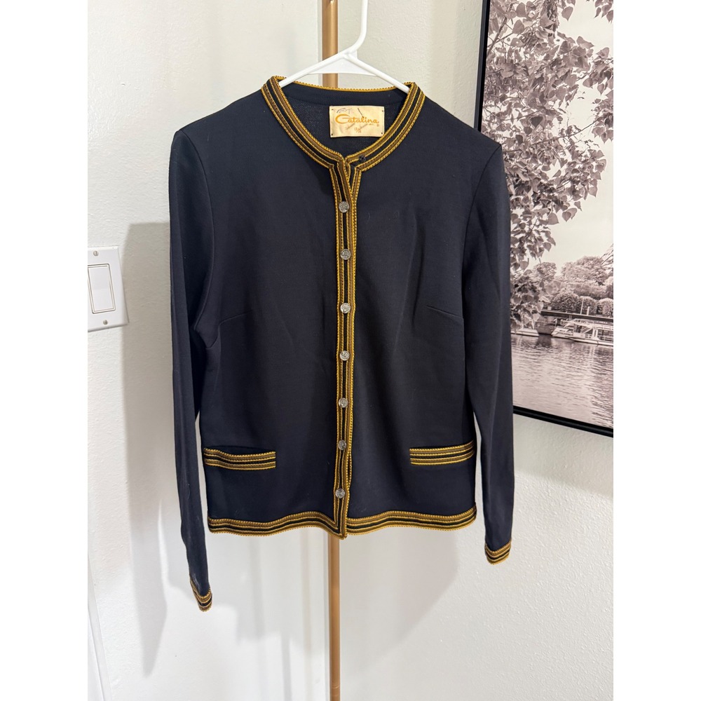 Vintage Catalina Black Knit Cardigan Gold Braided Trim Crest Buttons Size 13/14